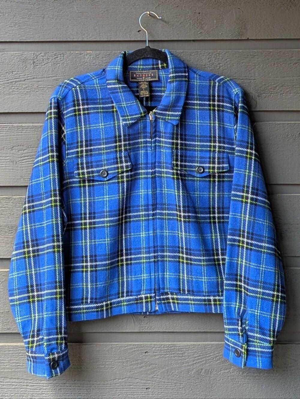VTG 90s Express Wool Plaid Bomber Jacket Size Large Blue Black Green White